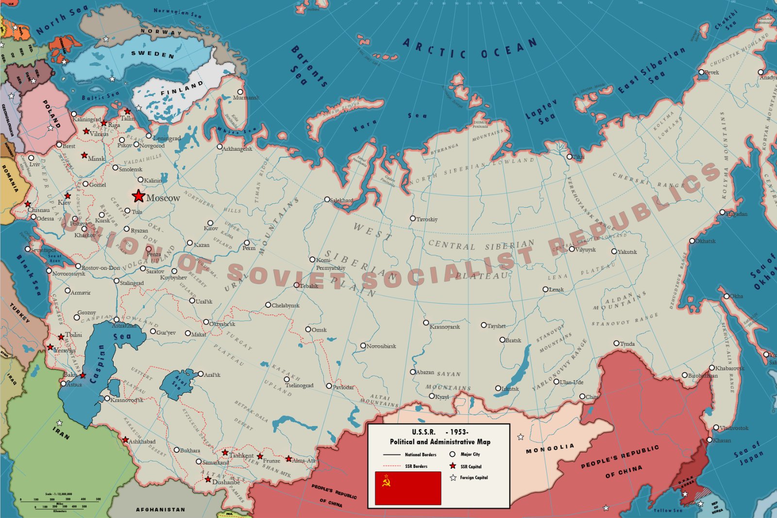 A 1953 map of the Soviet Union stretching from Eastern Europe to the Pacific, with the capital of each republic marked by a red star