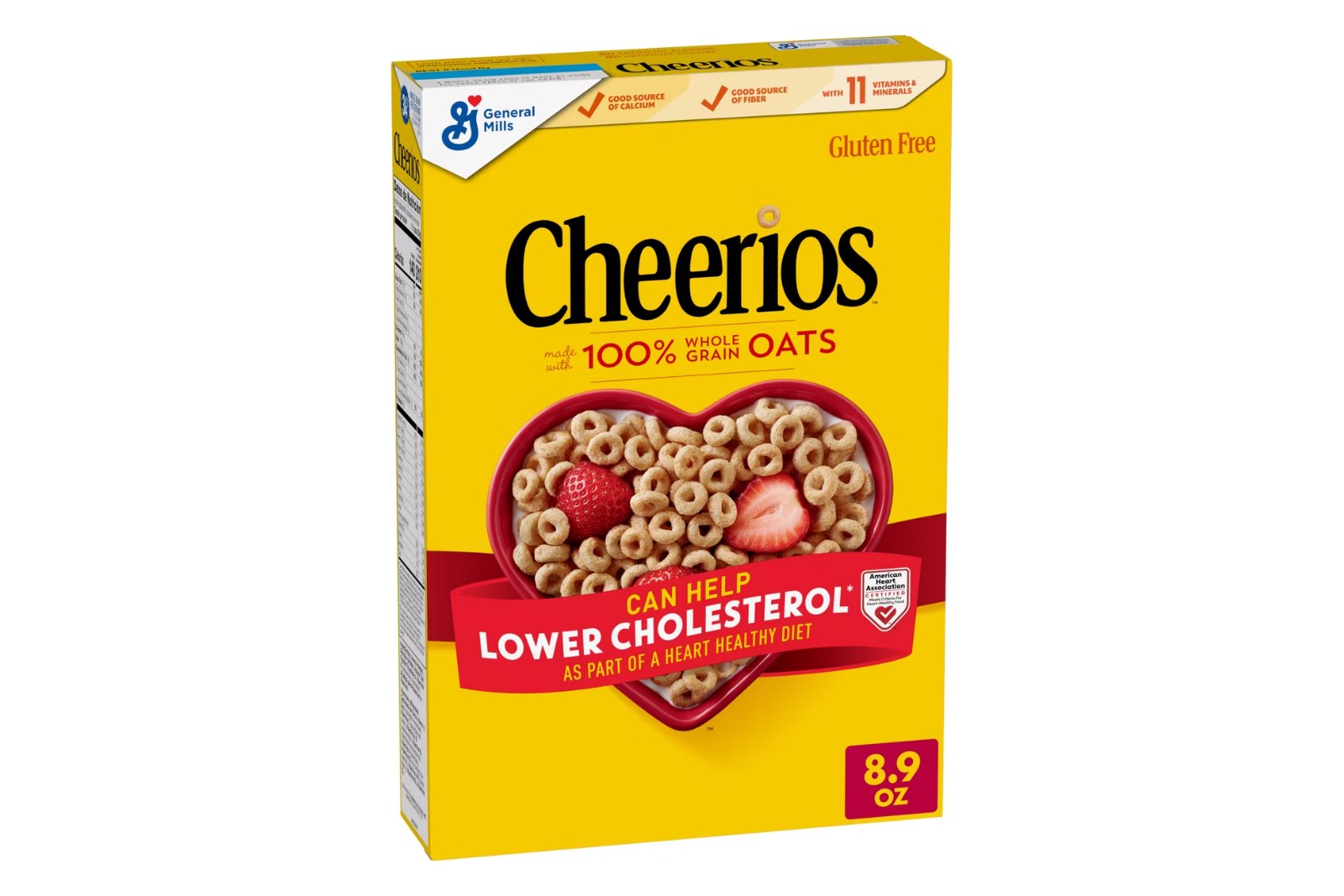 A yellow box of original Cheerios, with a heart-shaped red bowl of the oat Os and two strawberries on the front