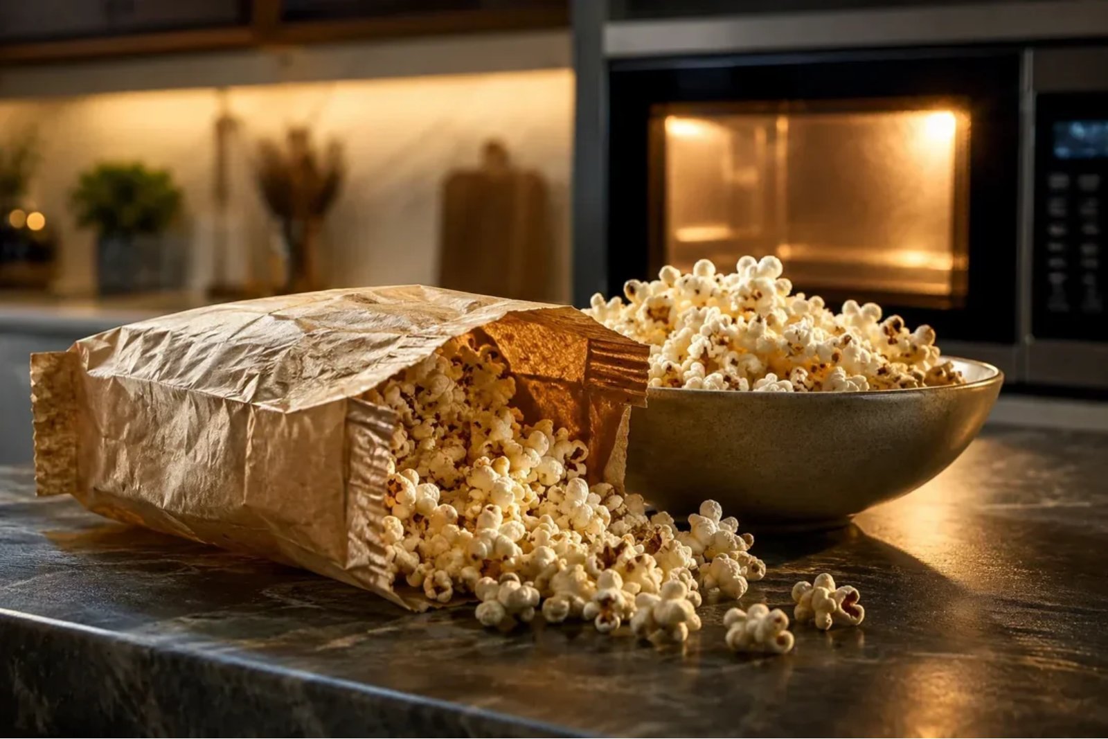 An open bag of microwave popcorn spilling onto a kitchen counter beside a full bowl, with a microwave behind
