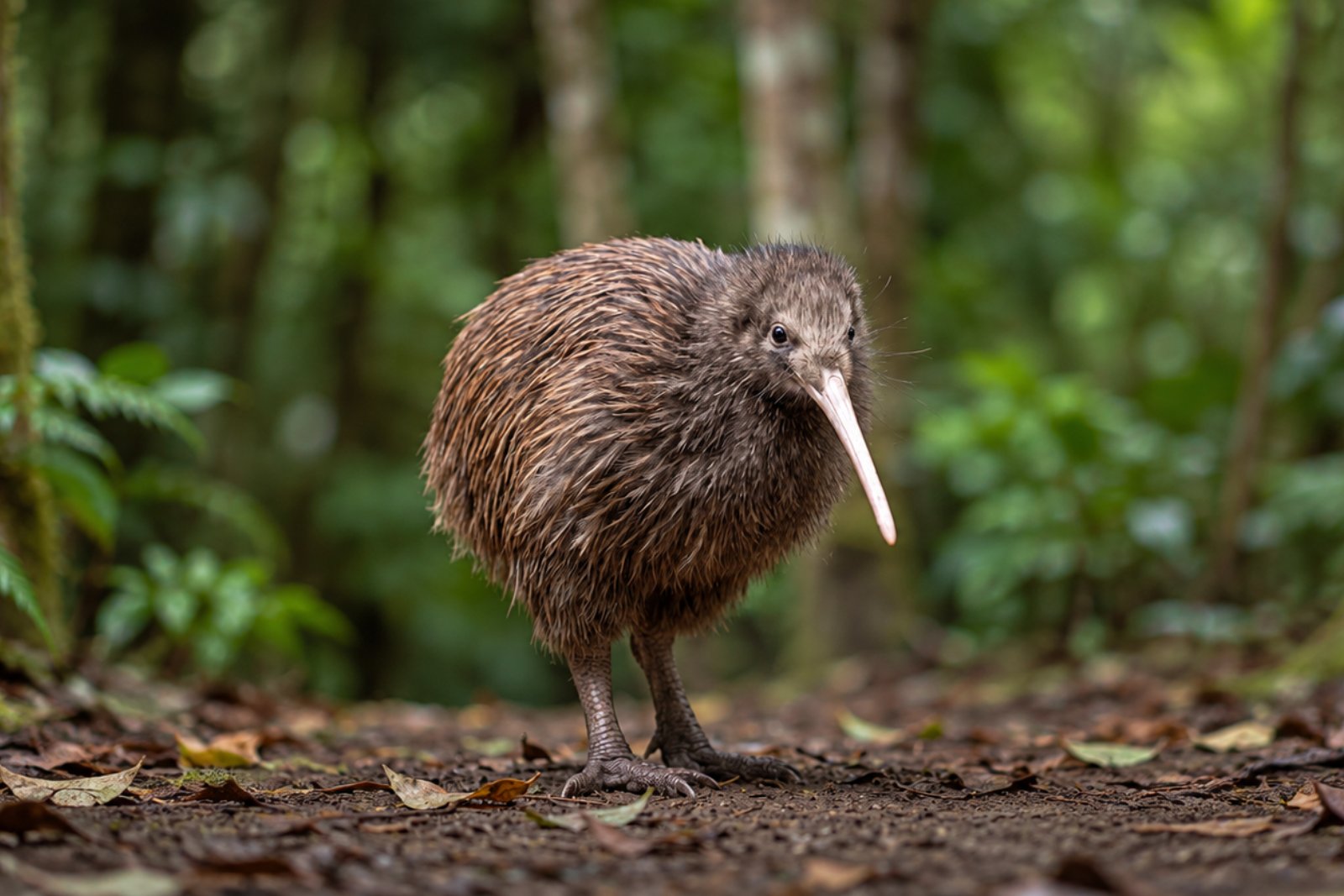 A brown kiwi bird with a long pale beak, standing on the forest floor.