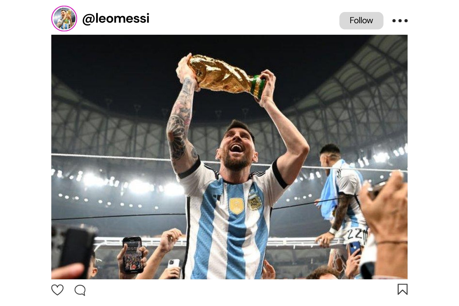 Lionel Messi lifting the World Cup trophy in an Argentina shirt, shown as an Instagram post from @leomessi