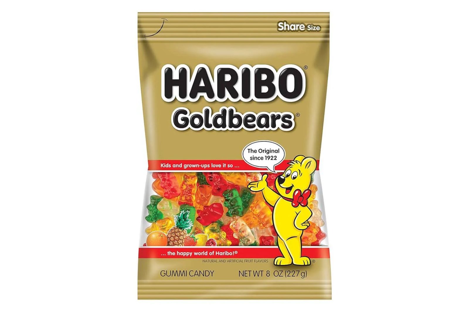 A gold bag of Haribo Goldbears with a clear window full of red, orange, yellow, green and clear gummy bears, and the cartoon Haribo bear pointing at them