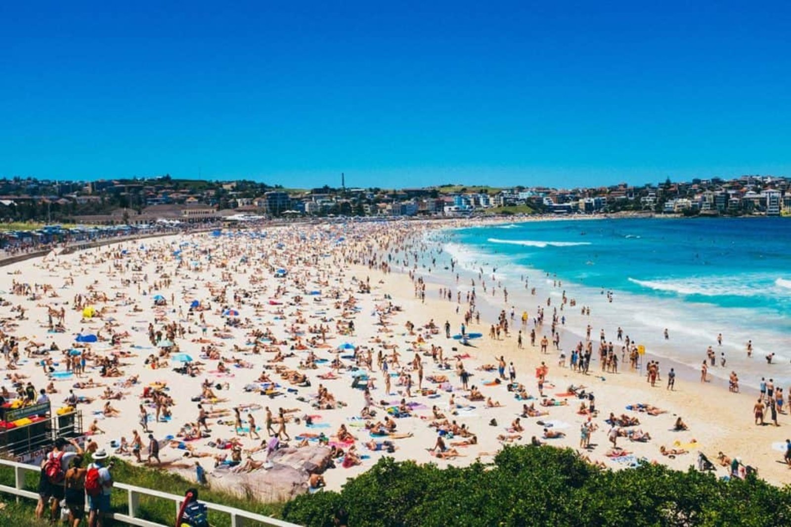 Bondi Beach on a crowded summer day, its curve of sand packed with sunbathers beside turquoise surf