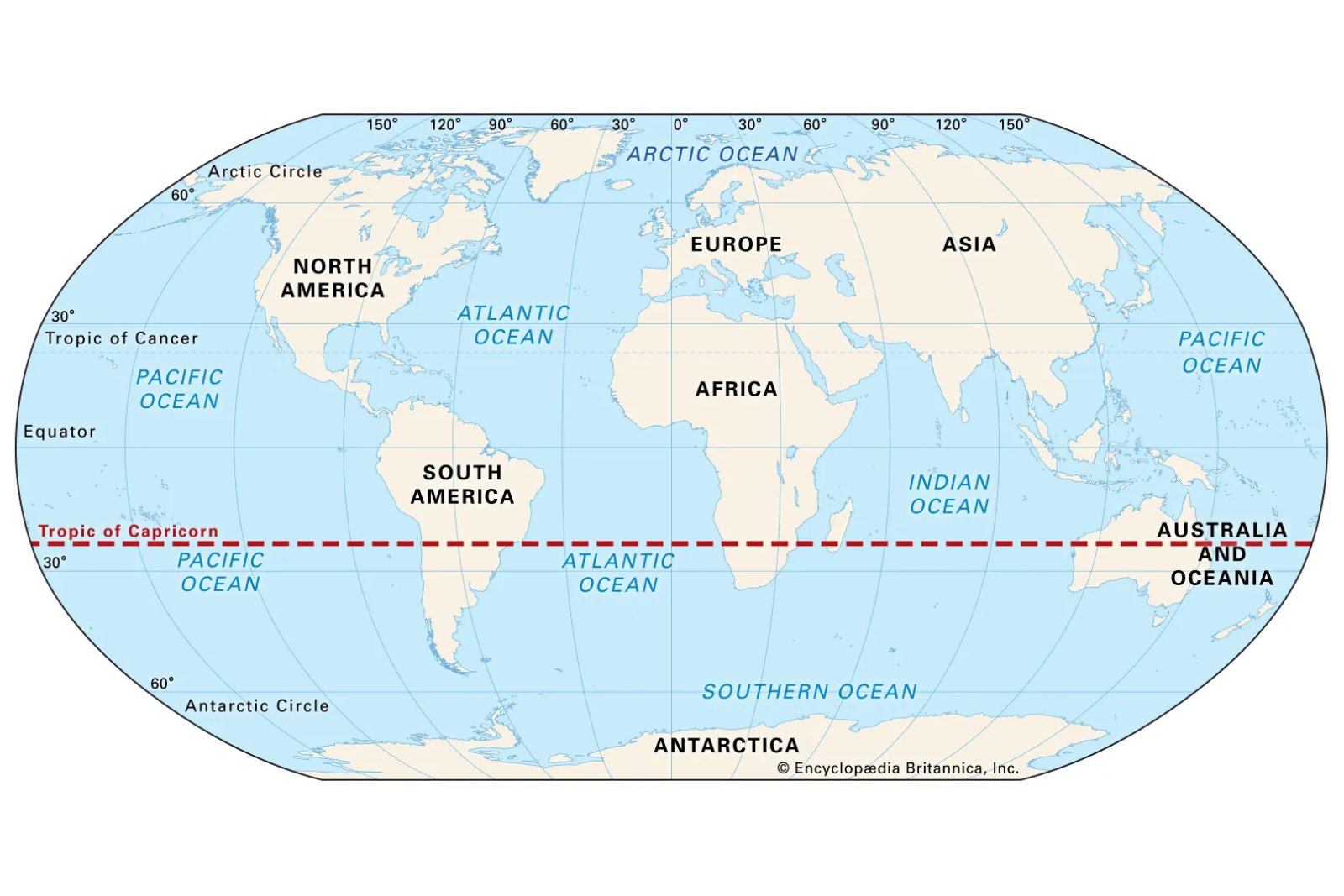 A world map with the Tropic of Capricorn drawn as a red dashed line across South America, southern Africa and Australia