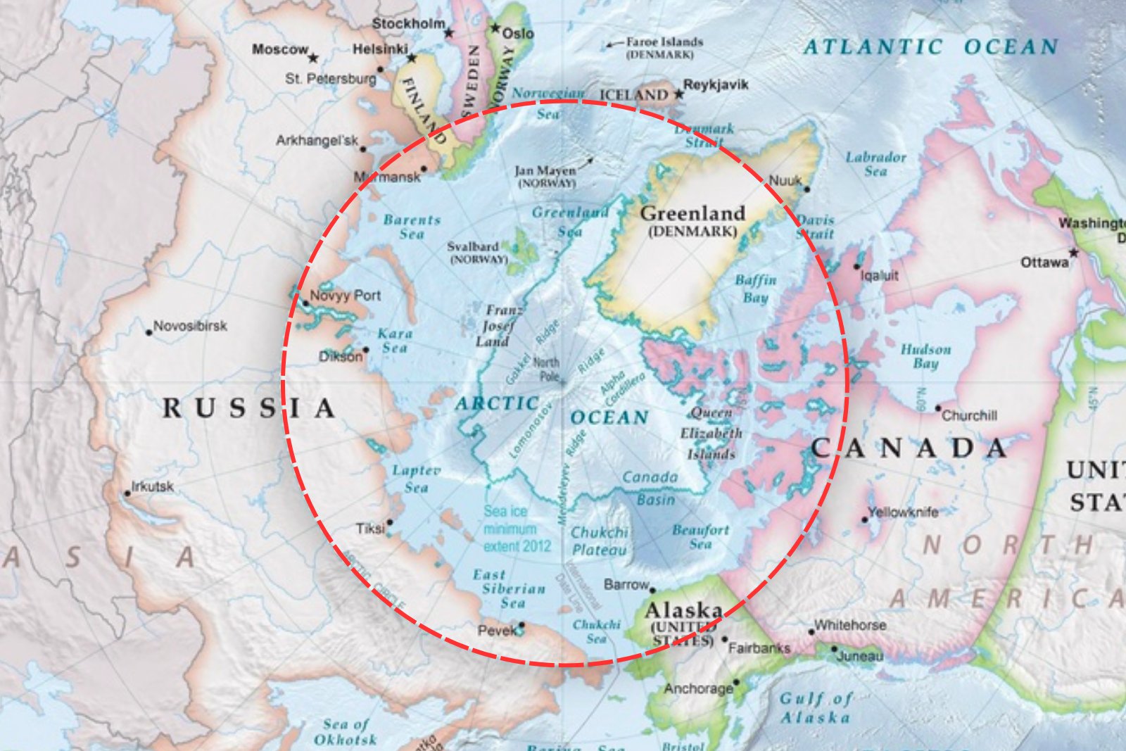 A map of the Arctic centred on the North Pole, with a red dashed circle drawn around it.