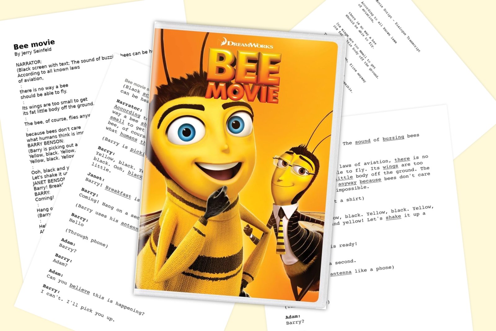 The Bee Movie DVD cover, with Barry the bee grinning, laid over printed pages of the film's script